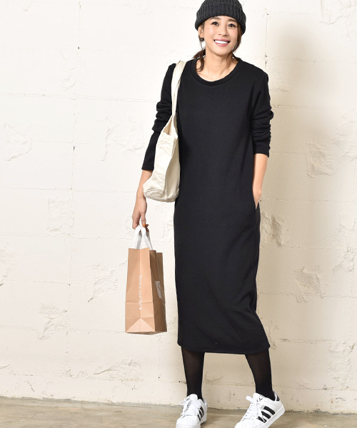 coca（coca）（コカ）の「裏起毛Iラインロングワンピース（ワンピース・レディース・ブラック/チャコール・ONE SIZE）」の5枚目の写真