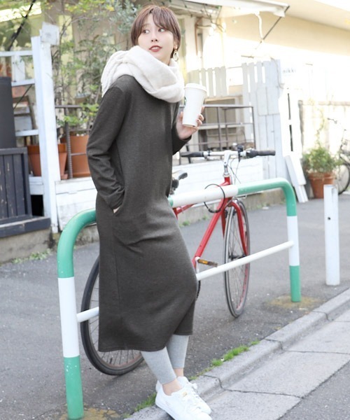 coca（coca）（コカ）の「裏起毛Iラインロングワンピース（ワンピース・レディース・ブラック/チャコール・ONE SIZE）」の2枚目の写真