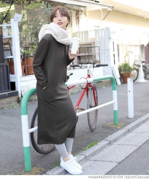 coca（coca）（コカ）の「裏起毛Iラインロングワンピース（ワンピース・レディース・ブラック/チャコール・ONE SIZE）」の15枚目の写真