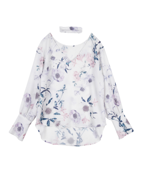 シャツ/ブラウス(長袖/七分) eimy istoire - water flower ribbon choker shirt eimy istoire（エイミーイストワール）の「water flower ribbon