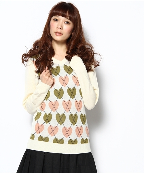 【美品】Bye Bye ハート アーガイル ロングニット☆38 美品】Bye Bye ハート アーガイル ロングニット☆38