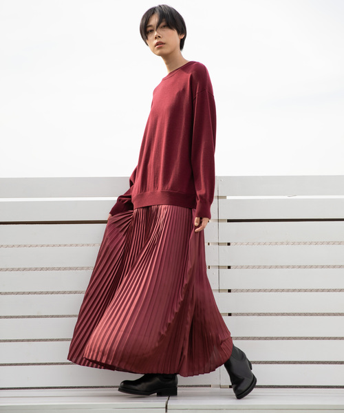 Munich（ミューニック）の「ウールジャージー×サテンプリーツドッキング2WAYニットワンピース（ワンピース・レディース・ブラック/グレー/ライトブラウン/ボルドー/ホワイト×ブラック/ライトベージュ/ネイビー・FREE）」の7枚目の写真