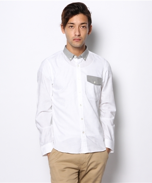 MORGAN HOMME(モルガンオム)の「カモコンパクトクレリック/クレリックシャツ(シャツ/ブラウス・メンズ・ホワイト/ネイビー・LARGE/MEDIUM/AL)」の2枚目の写真