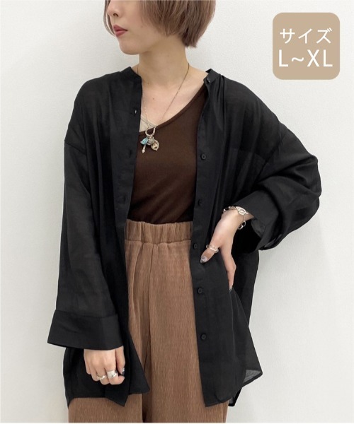 apres jour mignon（アプレジュールミニョン）の「【大きいサイズ】シア―バンドカラーシャツ【ZOZOTOWN限定アイテム】（シャツ/ブラウス・レディース・ダークブラウン/その他/ブラック/ライトベージュ/パープル・X-LARGE）」の7枚目の写真