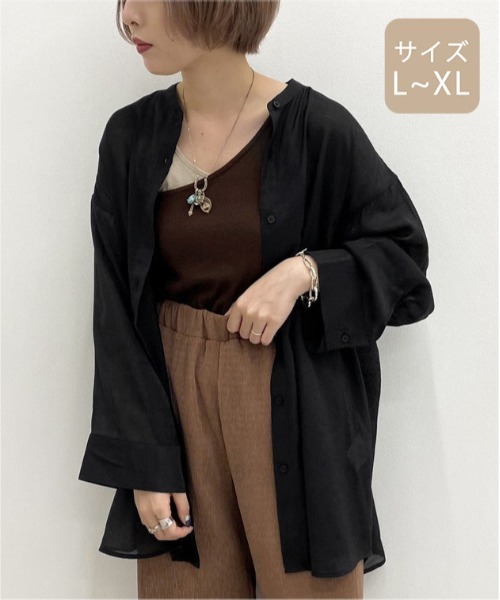 apres jour mignon（アプレジュールミニョン）の「【大きいサイズ】シア―バンドカラーシャツ【ZOZOTOWN限定アイテム】（シャツ/ブラウス・レディース・ダークブラウン/その他/ブラック/ライトベージュ/パープル・X-LARGE）」の9枚目の写真