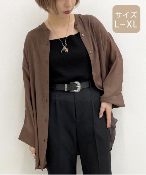 apres jour mignon（アプレジュールミニョン）の「【大きいサイズ】シア―バンドカラーシャツ【ZOZOTOWN限定アイテム】（シャツ/ブラウス・レディース・ダークブラウン/その他/ブラック/ライトベージュ/パープル・X-LARGE）」の15枚目の写真