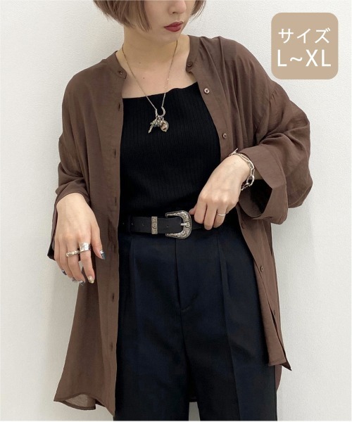 apres jour mignon（アプレジュールミニョン）の「【大きいサイズ】シア―バンドカラーシャツ【ZOZOTOWN限定アイテム】（シャツ/ブラウス・レディース・ダークブラウン/その他/ブラック/ライトベージュ/パープル・X-LARGE）」の16枚目の写真