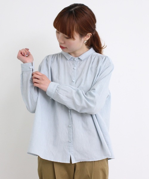 chambre de charme（シャンブルドゥシャーム）の「cdc 綿麻シャンブレー　ちび衿ブラウス（シャツ/ブラウス・レディース・ダークブラウン/ネイビー/サックスブルー・FREE）」の3枚目の写真