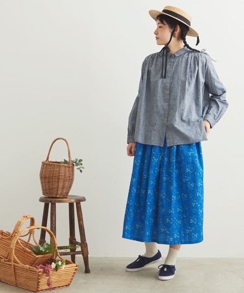 chambre de charme（シャンブルドゥシャーム）の「cdc 綿麻シャンブレー　ちび衿ブラウス（シャツ/ブラウス・レディース・ダークブラウン/ネイビー/サックスブルー・FREE）」の13枚目の写真