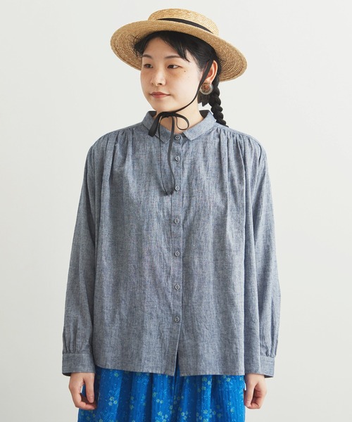 chambre de charme（シャンブルドゥシャーム）の「cdc 綿麻シャンブレー　ちび衿ブラウス（シャツ/ブラウス・レディース・ダークブラウン/ネイビー/サックスブルー・FREE）」の12枚目の写真