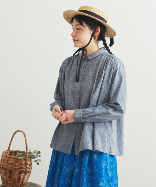 chambre de charme（シャンブルドゥシャーム）の「cdc 綿麻シャンブレー　ちび衿ブラウス（シャツ/ブラウス・レディース・ダークブラウン/ネイビー/サックスブルー・FREE）」の14枚目の写真