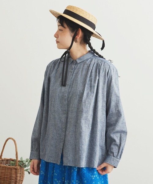 chambre de charme（シャンブルドゥシャーム）の「cdc 綿麻シャンブレー　ちび衿ブラウス（シャツ/ブラウス・レディース・ダークブラウン/ネイビー/サックスブルー・FREE）」の15枚目の写真