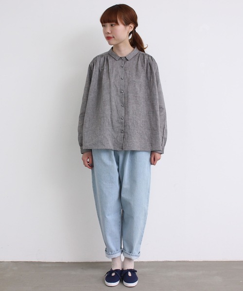 chambre de charme（シャンブルドゥシャーム）の「cdc 綿麻シャンブレー　ちび衿ブラウス（シャツ/ブラウス・レディース・ダークブラウン/ネイビー/サックスブルー・FREE）」の4枚目の写真