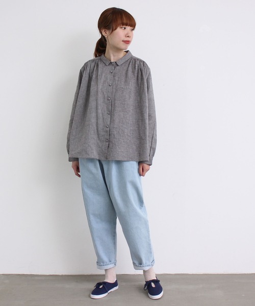 chambre de charme（シャンブルドゥシャーム）の「cdc 綿麻シャンブレー　ちび衿ブラウス（シャツ/ブラウス・レディース・ダークブラウン/ネイビー/サックスブルー・FREE）」の5枚目の写真