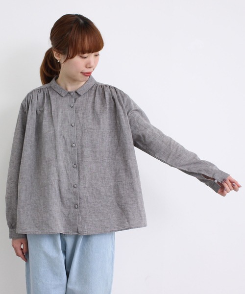 chambre de charme（シャンブルドゥシャーム）の「cdc 綿麻シャンブレー　ちび衿ブラウス（シャツ/ブラウス・レディース・ダークブラウン/ネイビー/サックスブルー・FREE）」の9枚目の写真