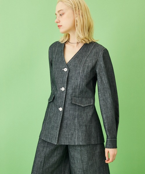 21ss　イネラ　lNella　スラブダンガリーノーカラージャケット INella（イネラ）の「【INella(イネラ)】スラブダンガリーノー