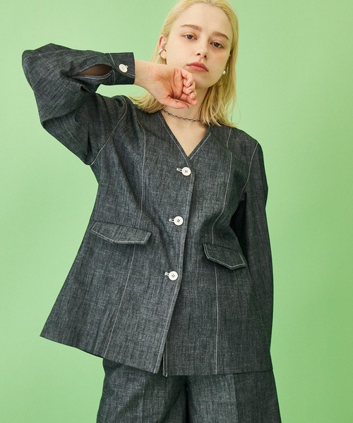 21ss　イネラ　lNella　スラブダンガリーノーカラージャケット INella（イネラ）の「【INella(イネラ)】スラブダンガリーノーカラー