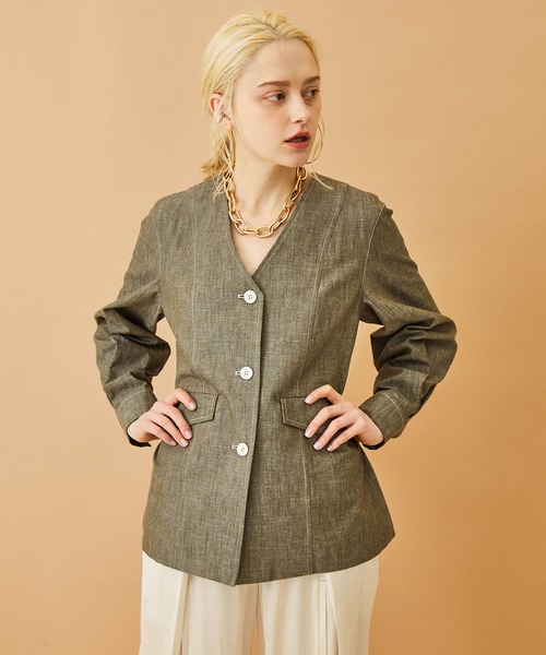 INella(イネラ)の「【INella(イネラ)】スラブダンガリーノーカラージャケット(ノーカラージャケット・レディース・ブラック/オリーブ・FREE)」の12枚目の写真