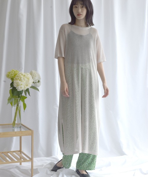 Alley by w closet（アリーバイダブルクローゼット）の「【Alley】メッシュ編み半袖ニットワンピース（ワンピース・レディース・ベージュ・FREE）」の6枚目の写真