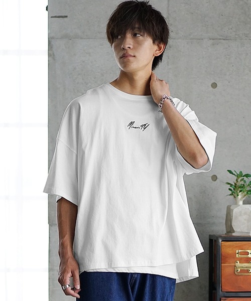 MinoriTY（マイノリティ）の「【MinoriTY】ブランドロゴ半袖Tシャツ 刺繍 オーバーサイズ ルーズシルエット 無地 インナー メンズ ビッグTシャツ（Tシャツ/カットソー・メンズ・ブラック/オフホワイト/ブルーグレー/グレー系その他/ラベンダー/ライトアッシュグレー・M/L/S）」の7枚目の写真