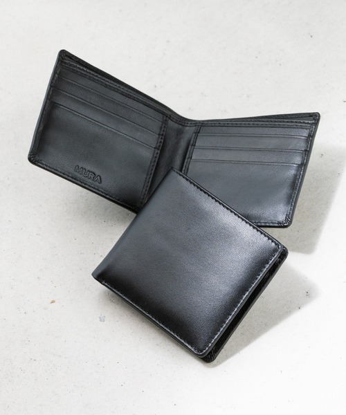 セール】やぎ革レザー 隠しポケット付 スリム 二つ折り財布 お札入れ
