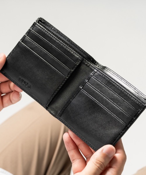セール】やぎ革レザー 隠しポケット付 スリム 二つ折り財布 お札入れ
