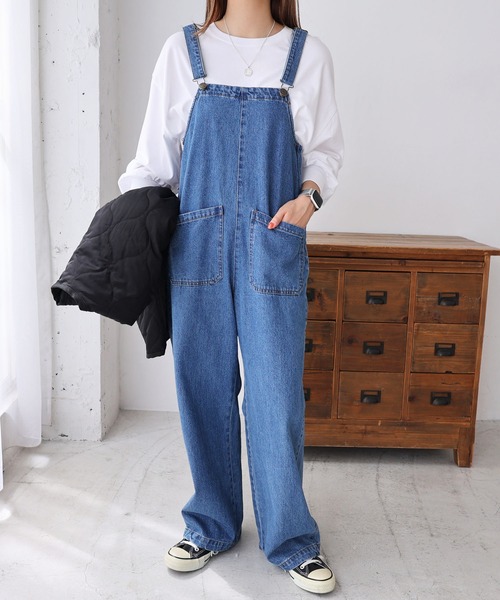 andme（アンドミー）の「コットンツイルダブルポケットワイドサロペット（サロペット/オーバーオール・レディース・グレー/ブラック/オフホワイト/ケミカルウォッシュ/カーキ/サックスブルー・M/L）」の5枚目の写真