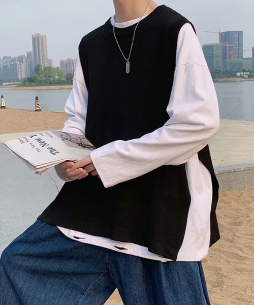 Mimma/Mimaa（ミマ）の「【Mimma/Mimaa】シンプルニットベスト（ベスト・メンズ・ブラック/ベージュ/グレー・FREE）」の2枚目の写真