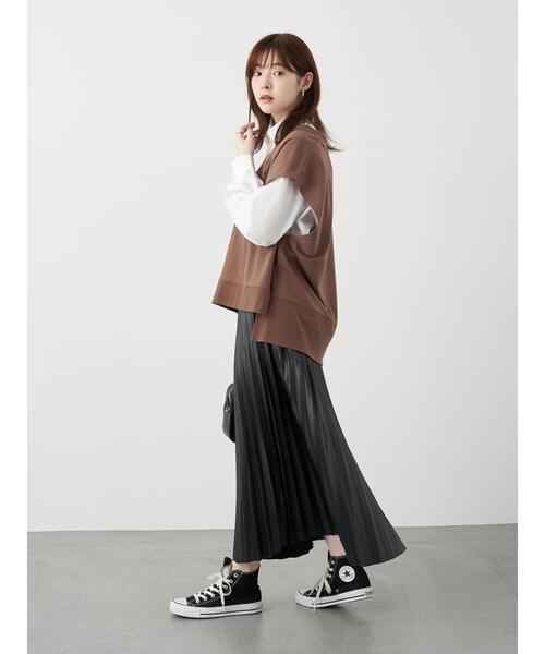 earth music&ecology（アースミュージックアンドエコロジー）の「フェイクレザープリーツスカート　＊（スカート・レディース・ブラック/ライトブラウン・FREE）」の10枚目の写真