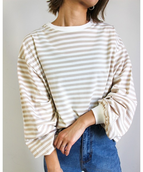 MLI'A（エムリア）の「ボーダーロングTシャツ（Tシャツ/カットソー・レディース・ホワイト×ブラック/ホワイト×グリーン/ホワイト×ネイビー/ホワイト系/ホワイト系6/グリーン・M）」の4枚目の写真