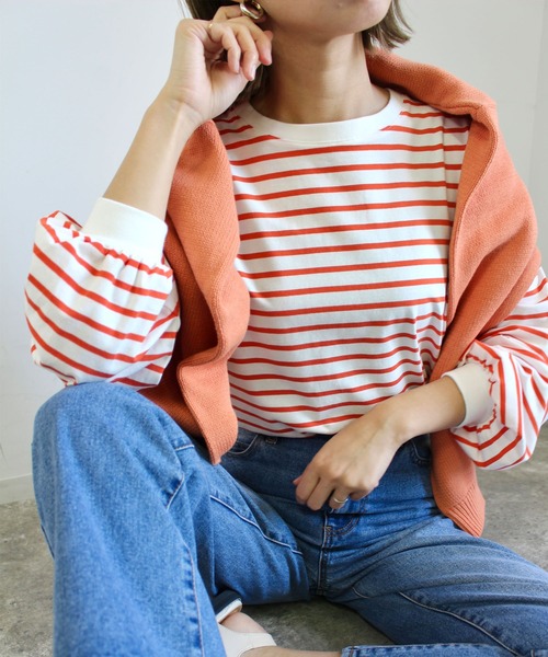 MLI'A（エムリア）の「ボーダーロングTシャツ（Tシャツ/カットソー・レディース・ホワイト×ブラック/ホワイト×グリーン/ホワイト×ネイビー/ホワイト系/ホワイト系6/グリーン・M）」の5枚目の写真