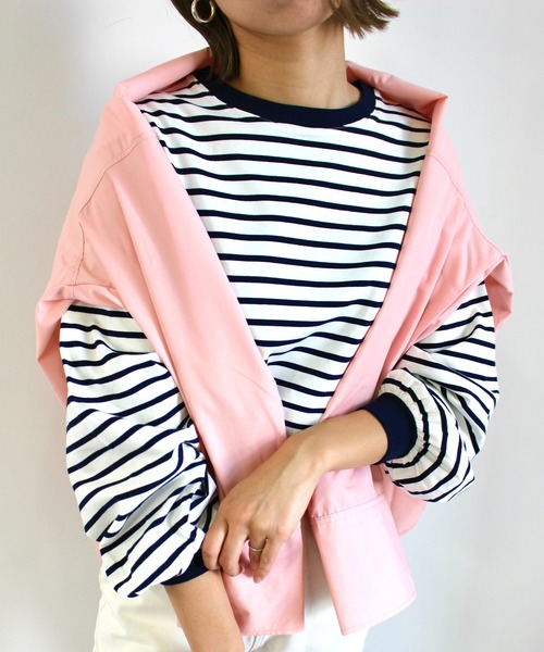 MLI'A（エムリア）の「ボーダーロングTシャツ（Tシャツ/カットソー・レディース・ホワイト×ブラック/ホワイト×グリーン/ホワイト×ネイビー/ホワイト系/ホワイト系6/グリーン・M）」の3枚目の写真