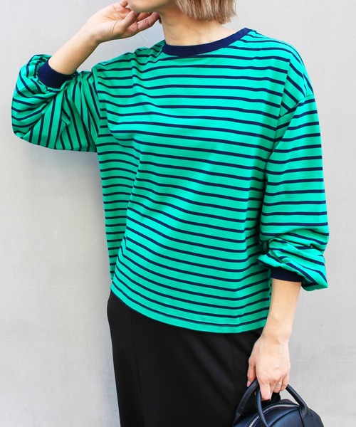 MLI'A（エムリア）の「ボーダーロングTシャツ（Tシャツ/カットソー・レディース・ホワイト×ブラック/ホワイト×グリーン/ホワイト×ネイビー/ホワイト系/ホワイト系6/グリーン・M）」の6枚目の写真
