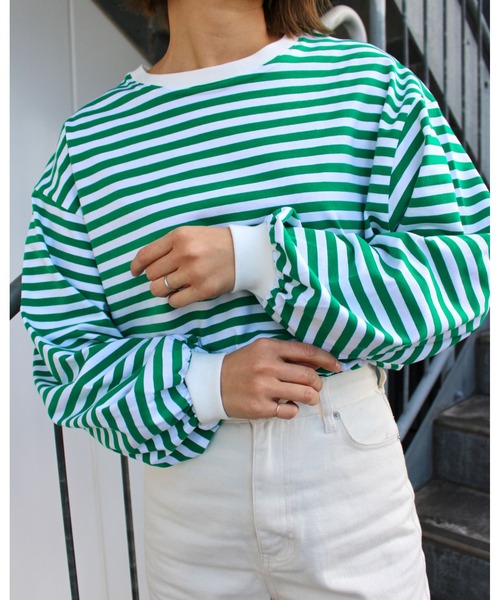 MLI'A（エムリア）の「ボーダーロングTシャツ（Tシャツ/カットソー・レディース・ホワイト×ブラック/ホワイト×グリーン/ホワイト×ネイビー/ホワイト系/ホワイト系6/グリーン・M）」の10枚目の写真