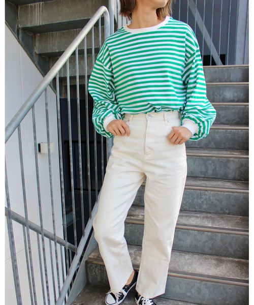 MLI'A（エムリア）の「ボーダーロングTシャツ（Tシャツ/カットソー・レディース・ホワイト×ブラック/ホワイト×グリーン/ホワイト×ネイビー/ホワイト系/ホワイト系6/グリーン・M）」の11枚目の写真