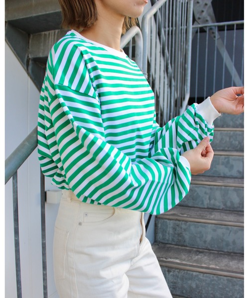 MLI'A（エムリア）の「ボーダーロングTシャツ（Tシャツ/カットソー・レディース・ホワイト×ブラック/ホワイト×グリーン/ホワイト×ネイビー/ホワイト系/ホワイト系6/グリーン・M）」の12枚目の写真