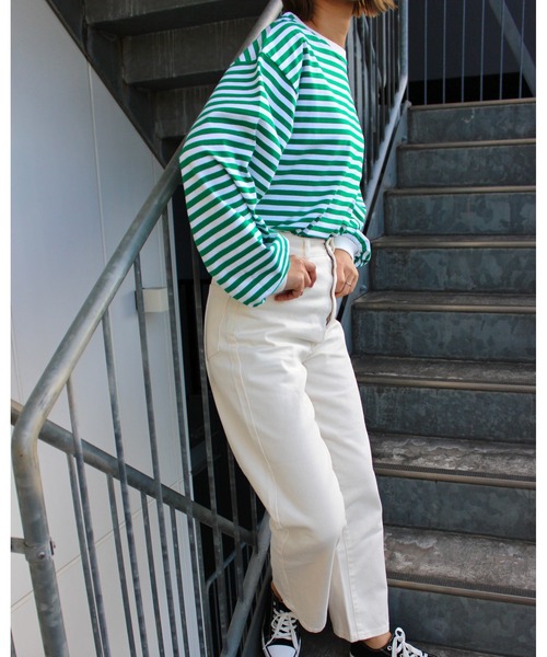 MLI'A（エムリア）の「ボーダーロングTシャツ（Tシャツ/カットソー・レディース・ホワイト×ブラック/ホワイト×グリーン/ホワイト×ネイビー/ホワイト系/ホワイト系6/グリーン・M）」の13枚目の写真