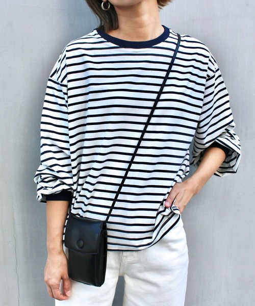 MLI'A（エムリア）の「ボーダーロングTシャツ（Tシャツ/カットソー・レディース・ホワイト×ブラック/ホワイト×グリーン/ホワイト×ネイビー/ホワイト系/ホワイト系6/グリーン・M）」の9枚目の写真
