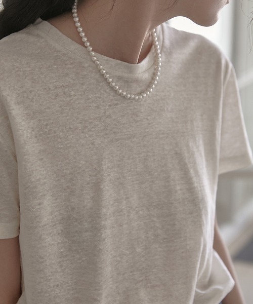 MUYMONA(ムイモナ)の「クルーネック ベーシックリネンTシャツ mmw22s026【MUYMONA】【2022SS】(Tシャツ/カットソー・レディース・ホワイト/ベージュ・FREE)」の4枚目の写真