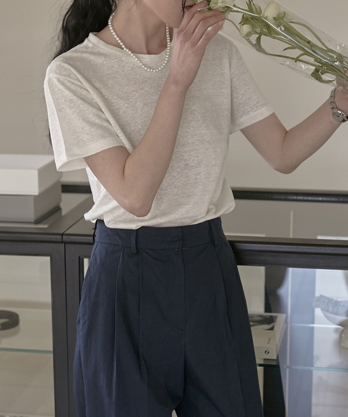 MUYMONA(ムイモナ)の「クルーネック ベーシックリネンTシャツ mmw22s026【MUYMONA】【2022SS】(Tシャツ/カットソー・レディース・ホワイト/ベージュ・FREE)」の3枚目の写真