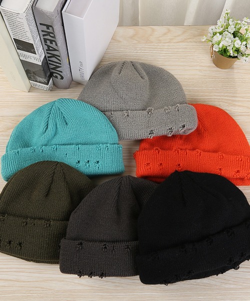 セール】【HOOK】ダメージ加工ショートニット帽（ニットキャップ