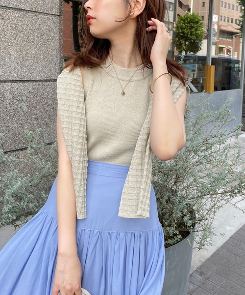 natural couture(ナチュラルクチュール)の「WEB限定/チェック編みカーディガン×リブノースリアンサンブル(アンサンブル・レディース・オフホワイト/ベージュ/ピンク/グリーン/ブラウン・FREE)」の4枚目の写真