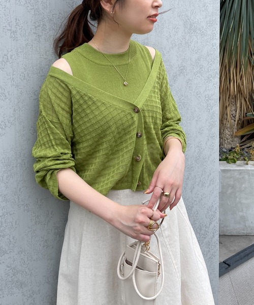 natural couture(ナチュラルクチュール)の「WEB限定/チェック編みカーディガン×リブノースリアンサンブル(アンサンブル・レディース・オフホワイト/ベージュ/ピンク/グリーン/ブラウン・FREE)」の5枚目の写真