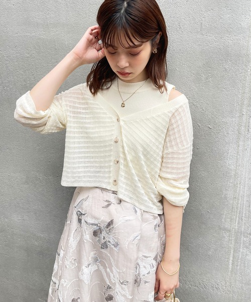 natural couture(ナチュラルクチュール)の「WEB限定/チェック編みカーディガン×リブノースリアンサンブル(アンサンブル・レディース・オフホワイト/ベージュ/ピンク/グリーン/ブラウン・FREE)」の7枚目の写真