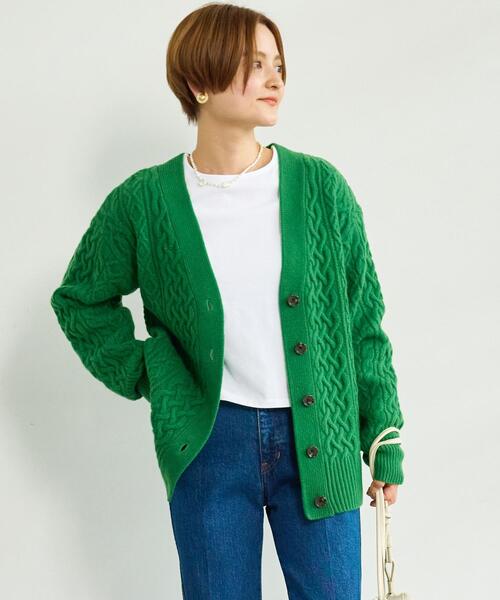 green label relaxing（グリーンレーベルリラクシング）の「［ size SHORT あり ］HAMILTON ハミルトン アラン Vネック ニット カーディガン（カーディガン/ボレロ・レディース・パープル/ネイビー/ナチュラル/ケリー・FREE/SHORT）」の3枚目の写真