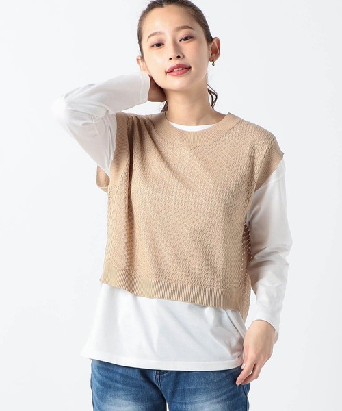 Grand PARK(グランドパーク)の「【セットアイテム】ニットベスト&長袖カットソー(アンサンブル・レディース・ライトブルー/ライトグリーン/ベージュ・FREE)」の1枚目の写真