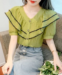フリルラペルVネックハーフスリーブシャツ