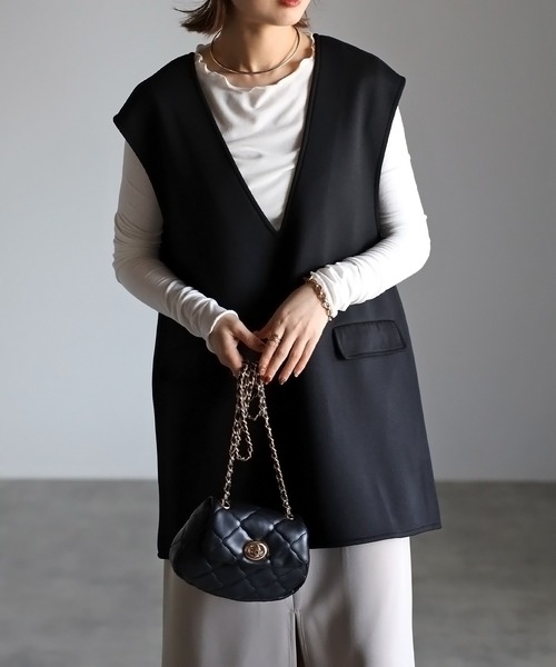 Bonjour Sagan（ボンジュールサガン）の「Vネックプルオーバーベスト（ベスト・レディース・ブラック/アイボリー・FREE）」の5枚目の写真