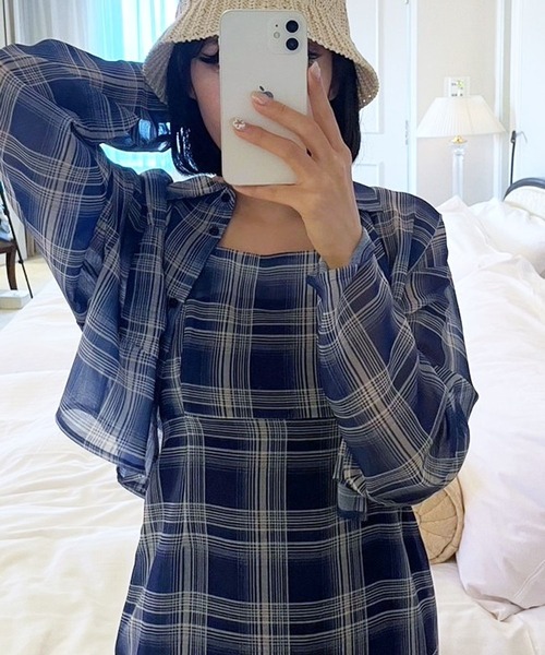 Heather(ヘザー)の「HOLiCシアーチェックワンピース 907259(ワンピース・レディース・ネイビー/ベージュ・FREE)」の9枚目の写真