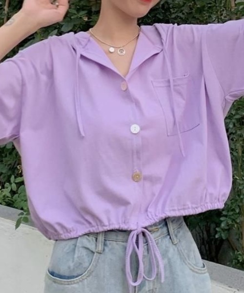 SHEENA(シーナ)の「裾ドロスト半袖パーカー(Tシャツ/カットソー・レディース・ライトパープル/オレンジ/ホワイト/グレー・M)」の5枚目の写真